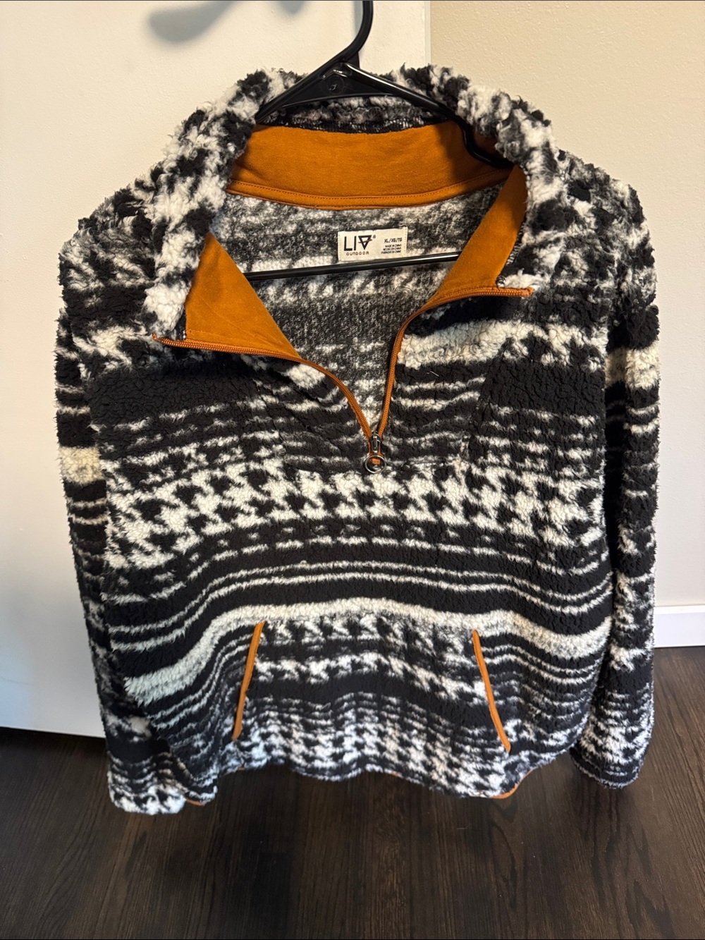Liv Mountain Supply Black & White Patterned Sherpa Pullover with Rust Accents
